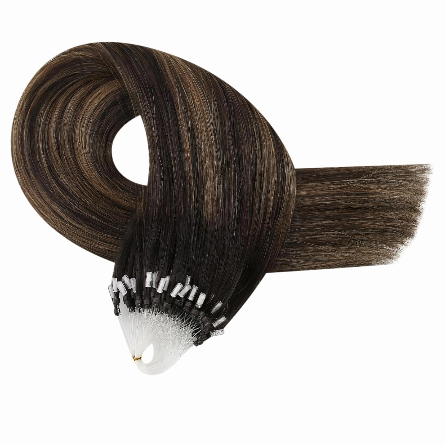 Moresoo Micro Loop Hair Extensions Human Hair Balayage Dark Brown with Chestnut Brown Micro Ring Hair Extensions Real Human Hair Ombre Brown Micro Link Hair Extensions 20Inch 50G/50S