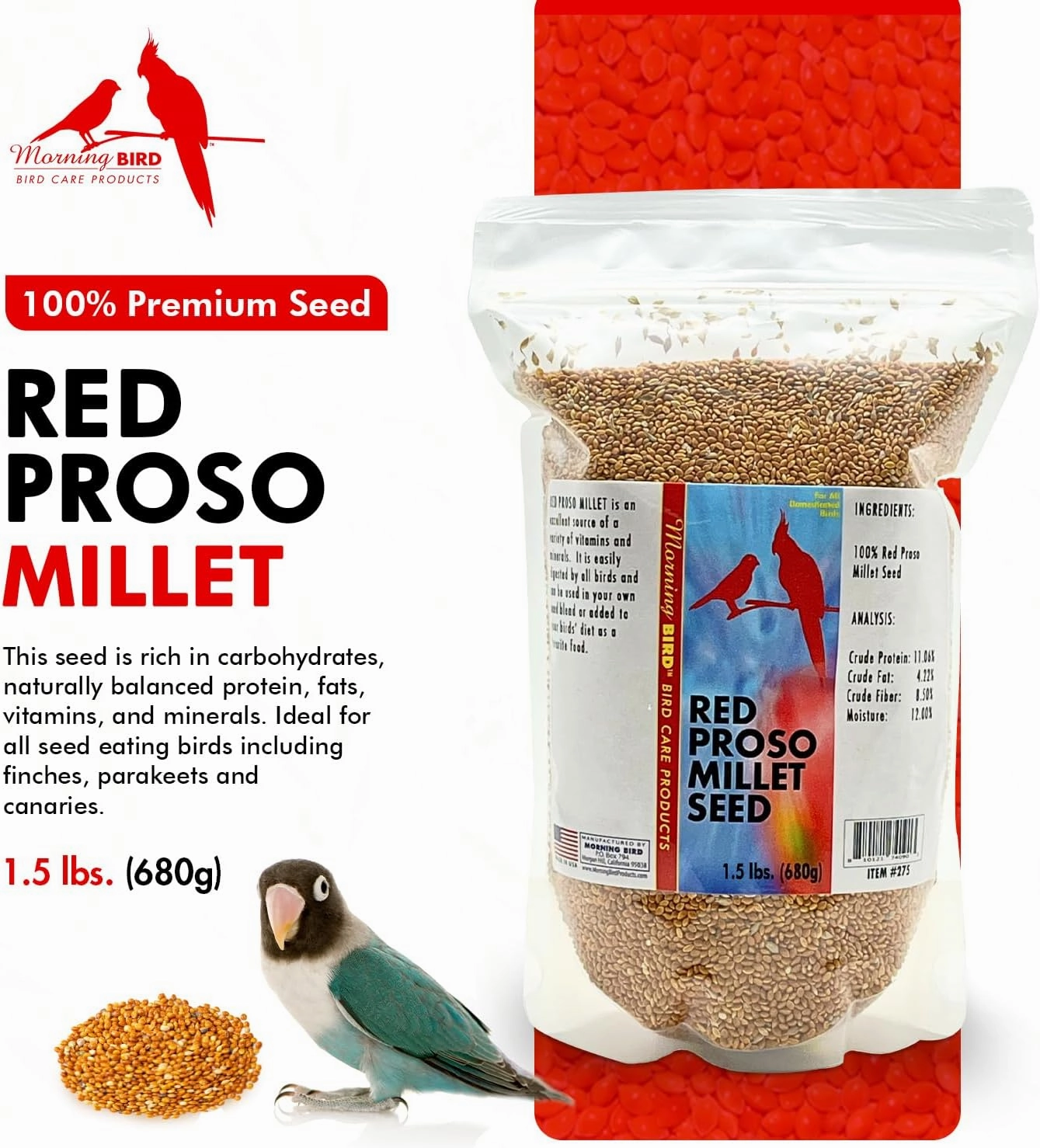 Morning Bird Red Proso Millet Bird Seed Bag 1.5 lbs – Healthy & Nutritious Pet Bird Food is Ideal for Seed Eating Birds - Parakeets, Finches, Cockatiels