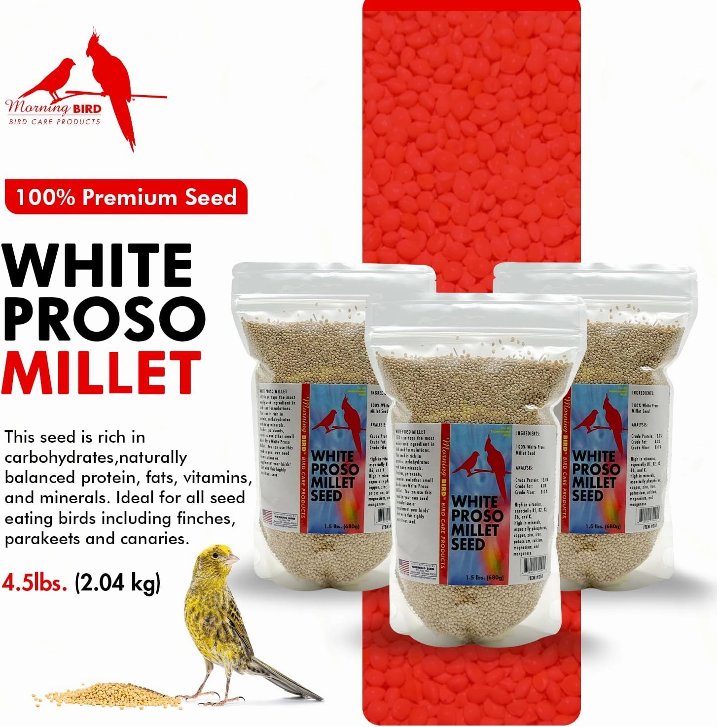 Morning Bird White Proso Millet Bird Seed Bag 4.5 lbs (3-Pack, 1.5 lbs Each) – Healthy & Nutritious Pet Bird Food is Ideal for Seed Eating Birds - Parakeets, Finches, Cockatiels