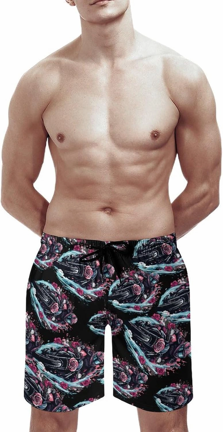 Motorcross Rider Roses Men's Swim Trunks Quick Dry Board Shorts Beach Shorts Bathing Suits with Pockets