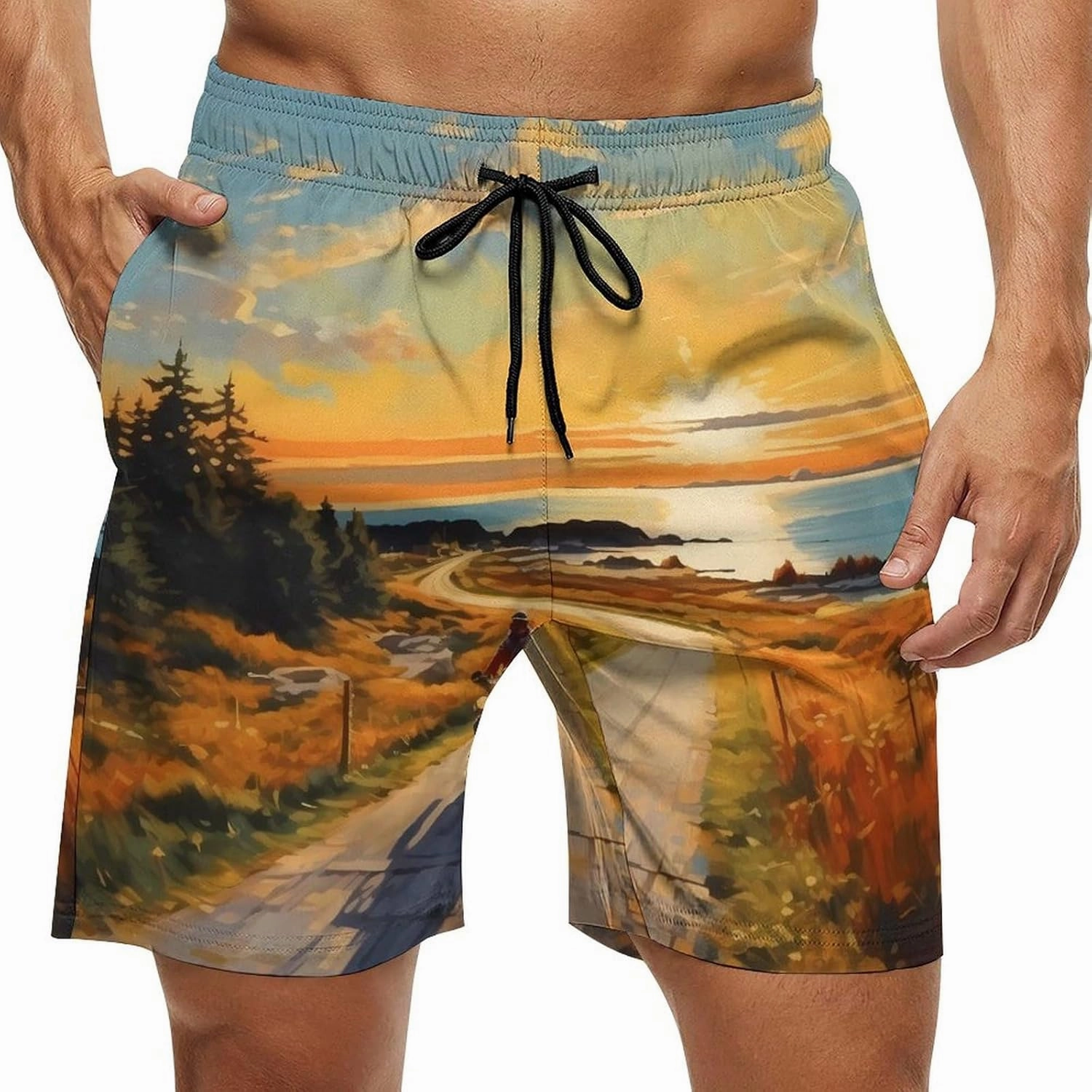 Motorcycle Rider Paintings Men's Swim Trunks Quick Dry Board Shorts Beach Shorts Bathing Suits with Pockets