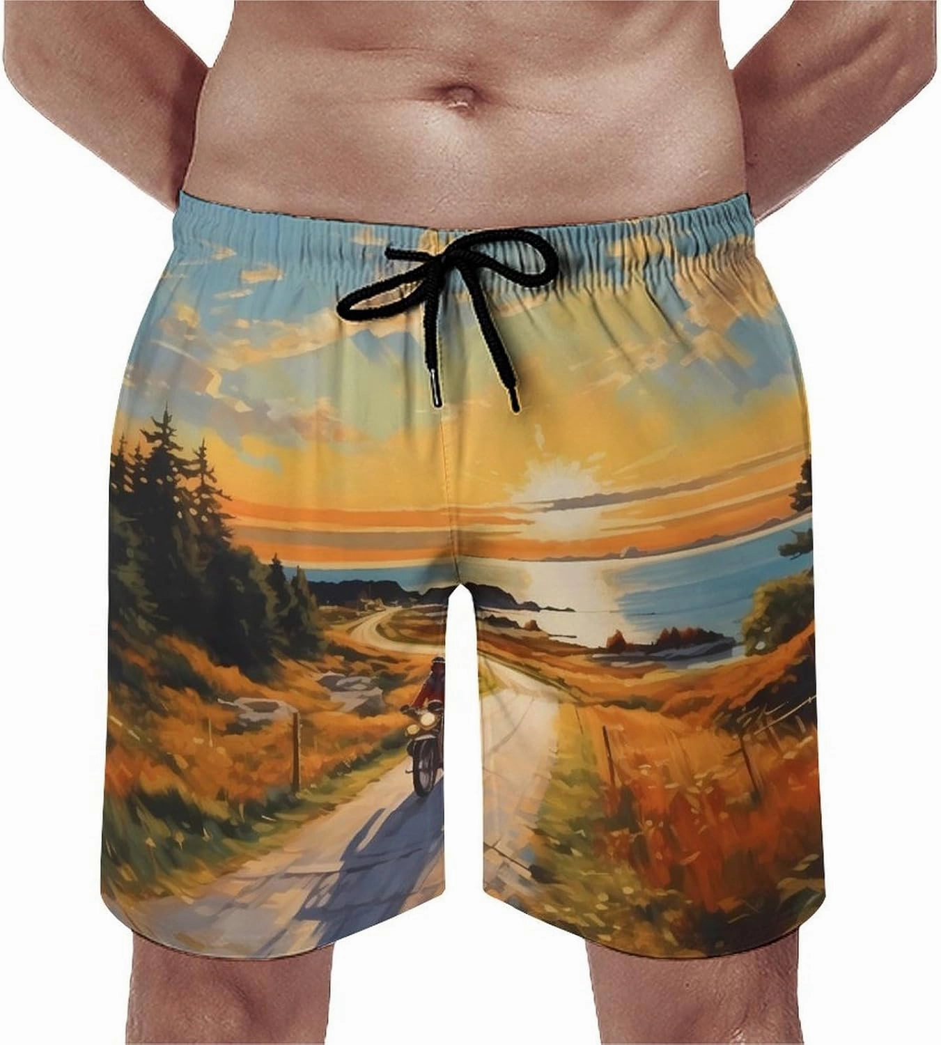 Motorcycle Rider Paintings Men's Swim Trunks Quick Dry Board Shorts Beach Shorts Bathing Suits with Pockets