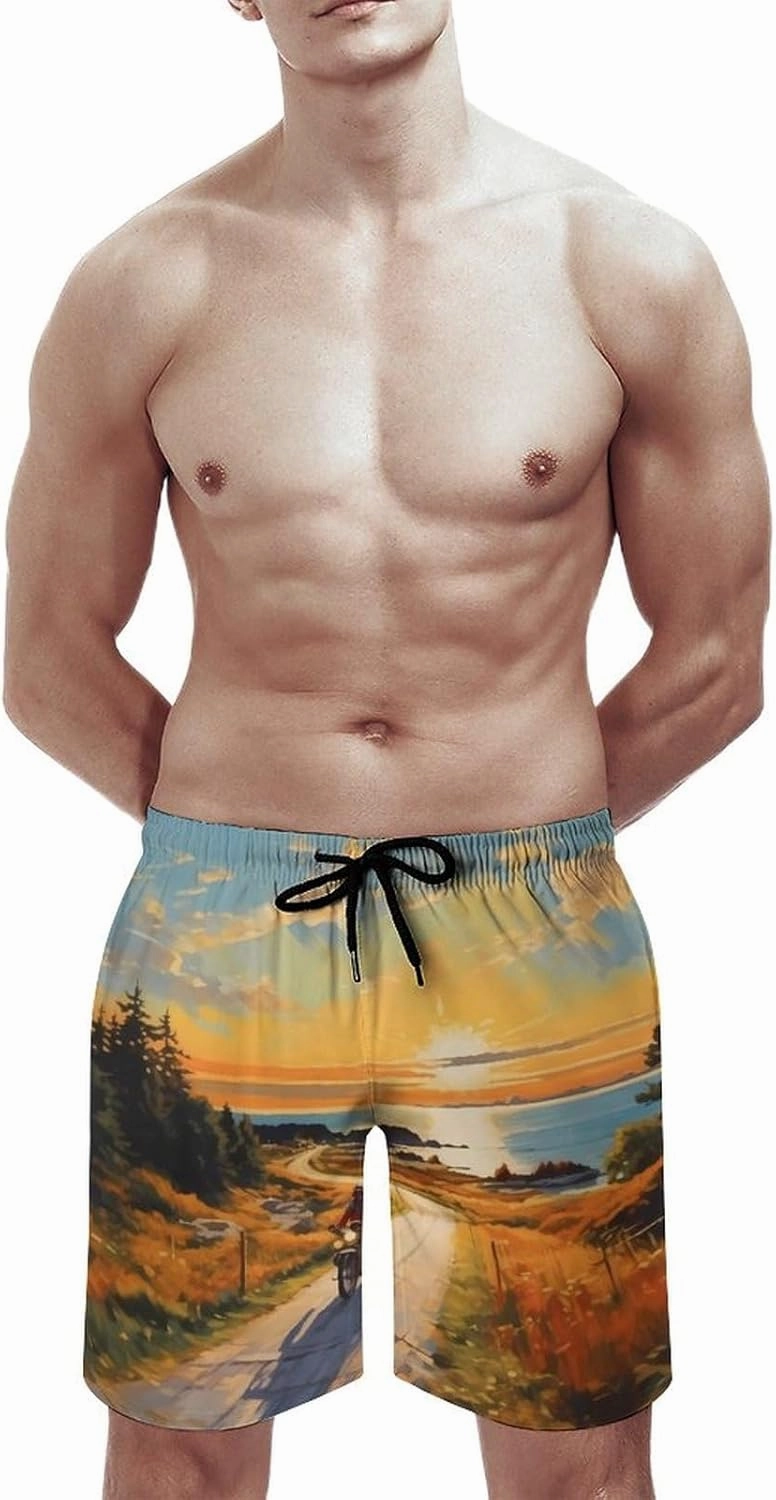 Motorcycle Rider Paintings Men's Swim Trunks Quick Dry Board Shorts Beach Shorts Bathing Suits with Pockets