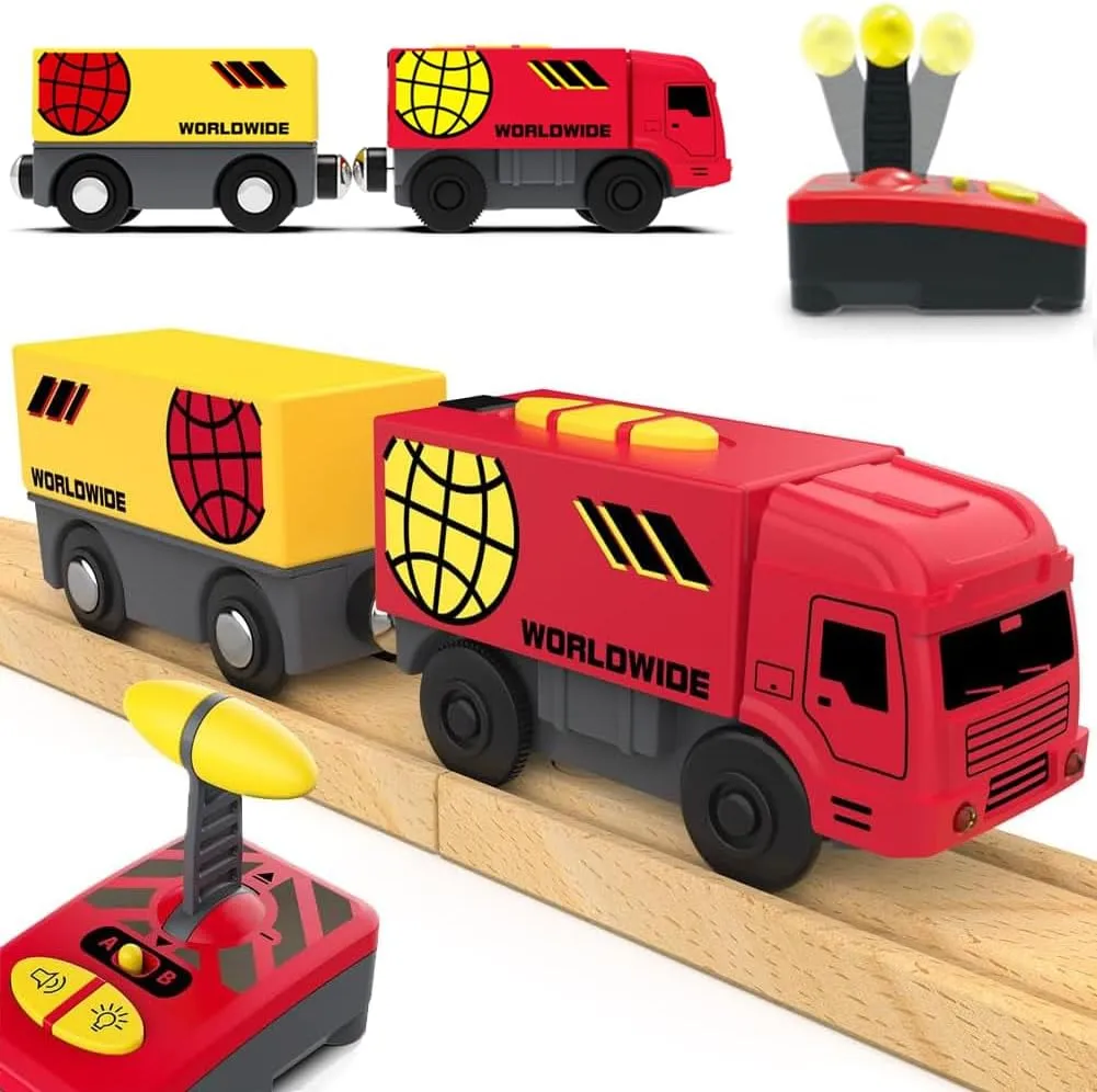 Motorised Wooden Rail Train - Remote Control Locomotive with Magnetic Connection, Battery Operated for Toddlers, Compatible with Thomas, Brio, Chuggington