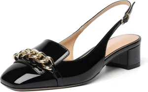MOVINSTEPS Womens Slingback Buckle Square Closed Toe Dating Patent Solid Ankle Strap Cute Chunky Low Heel Pumps Shoes 1.5 Inch