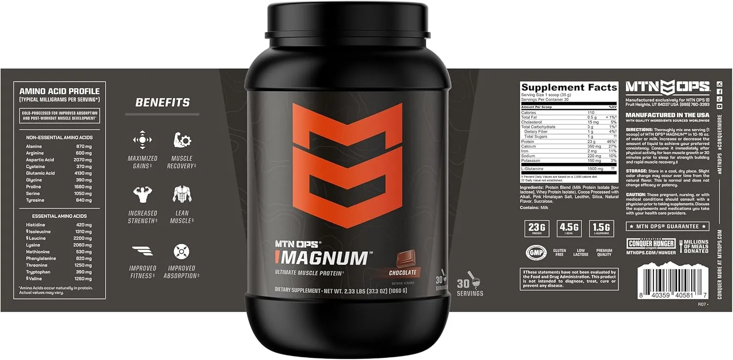 MTN OPS Magnum Chocolate Protein Powder, 23g of Whey Isolate Protein & Milk Protein with BCAAs, Zero Sugar & Gluten Free 30-Serving Tub
