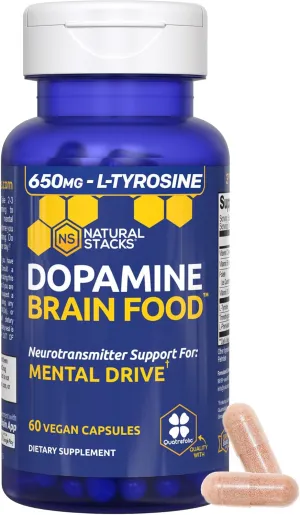 NATURAL STACKS Dopamine Brain Food - 650mg L-Tyrosine Supplement - Dopamine Supplement for Focus & Mental Drive - Supports Mental Energy - Neurotransmitter Support with B Vitamins - 60 Capsules