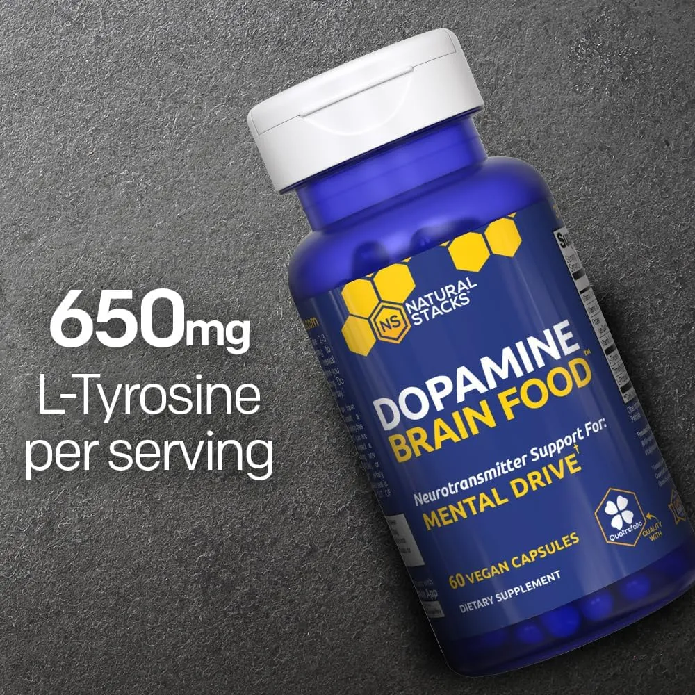 NATURAL STACKS Dopamine Brain Food - 650mg L-Tyrosine Supplement - Dopamine Supplement for Focus & Mental Drive - Supports Mental Energy - Neurotransmitter Support with B Vitamins - 60 Capsules