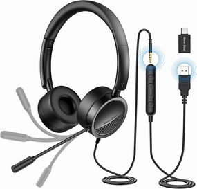 New bee USB Headset with Mic for PC, On-Ear Computer Laptop Headphones with Noise Cancelling Microphone & USB-C Adapter for Home Office Online Class Skype Zoom (Black)