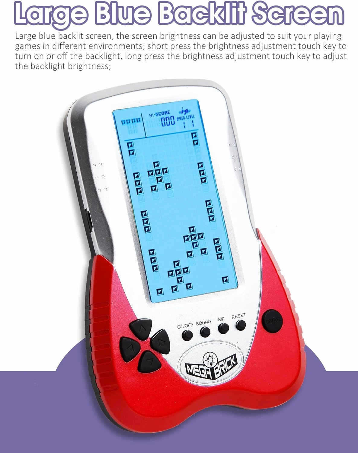 New Retro Block Brick Game Console Large Screen Blue Backlight Brightness can be Adjusted Build in 23 Game Compatible with Lithium Battery/AAA Batteries can Plug in Headphone (Red)