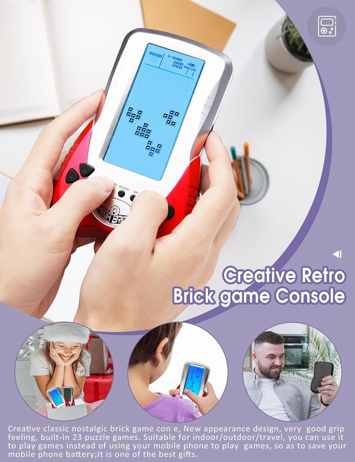 New Retro Block Brick Game Console Large Screen Blue Backlight Brightness can be Adjusted Build in 23 Game Compatible with Lithium Battery/AAA Batteries can Plug in Headphone (Red)