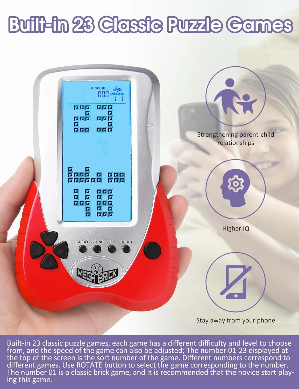 New Retro Block Brick Game Console Large Screen Blue Backlight Brightness can be Adjusted Build in 23 Game Compatible with Lithium Battery/AAA Batteries can Plug in Headphone (Red)