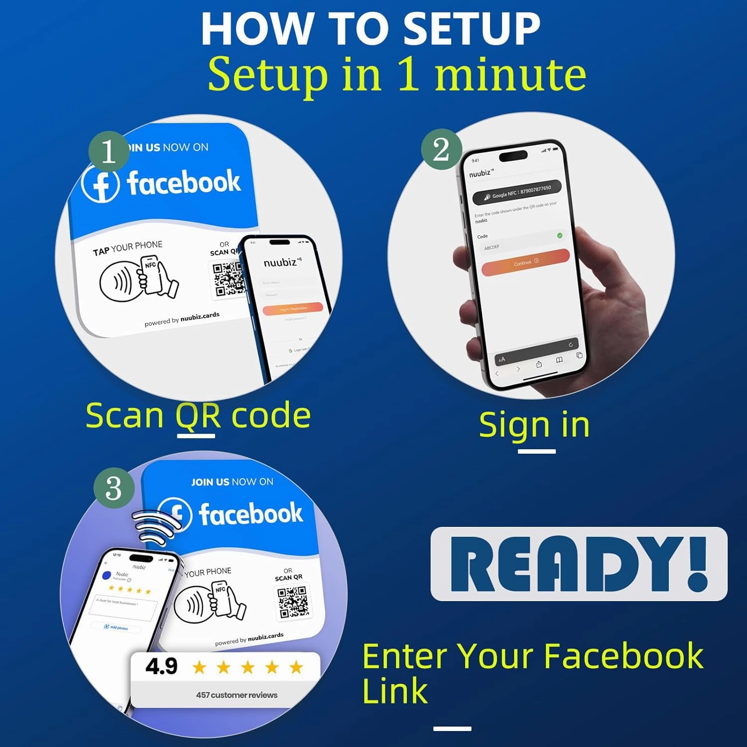 NFC Social Media Sign Plate - QR Code Sign for Social Media, Facebook, Tk, Website - Reusable Taps - Get More Followers & Reviews - Adhesive & Stand (Facebook Plate, 1)