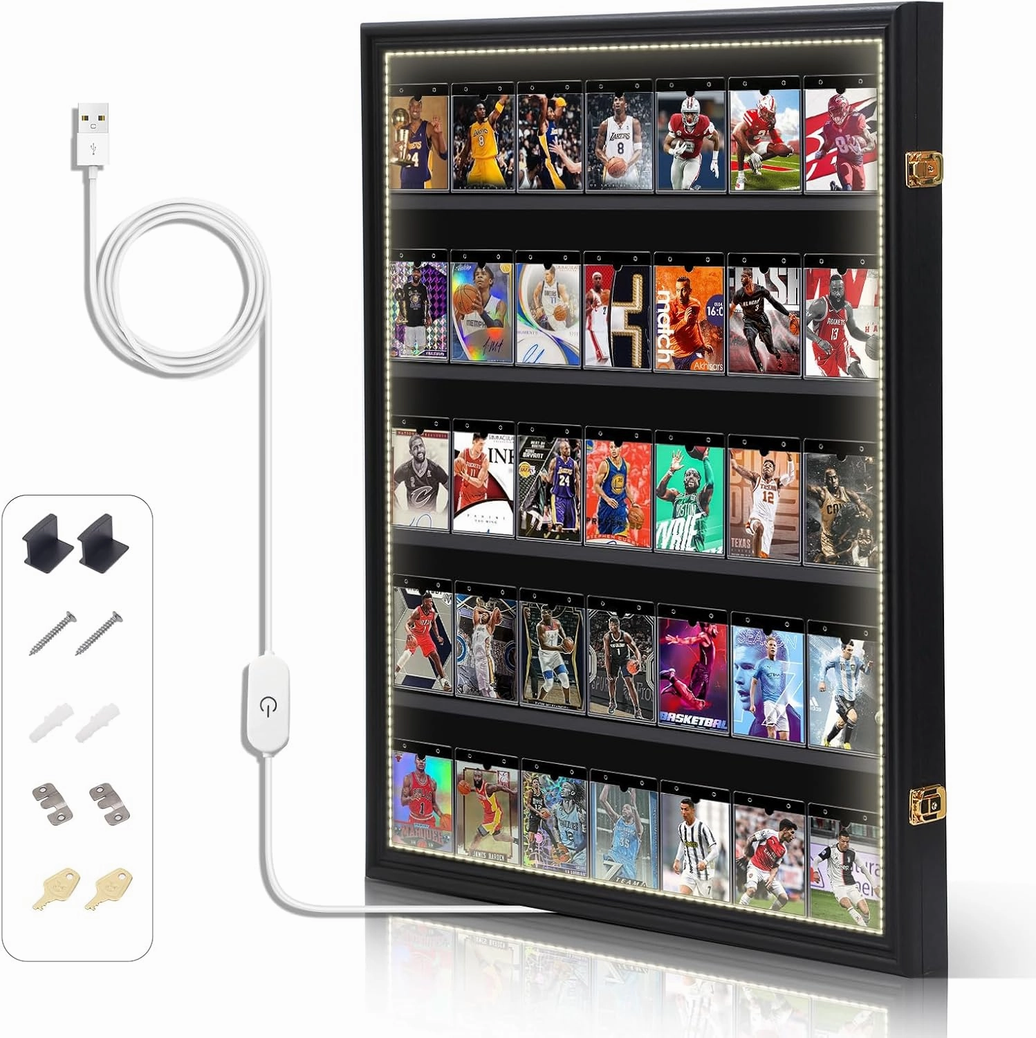 Nice C Baseball Card Display Case with LED Light, 35 Graded Sports Card Display Case, Trading Card Display Case Football Cards, 98% UV Protection, Acrylic, Lockable (LED Vertical 1 Pack)