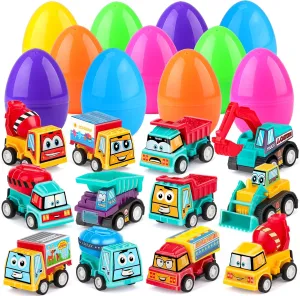 nicknack 12PCS Party Favor Eggs with Toy Filled with Cars Inside Pull Back Construction Vehicle Trucks for Kids Boys Basket Stuffers for Toddlers 1-3 Hunt Party Favors Classroom Prize 3-8
