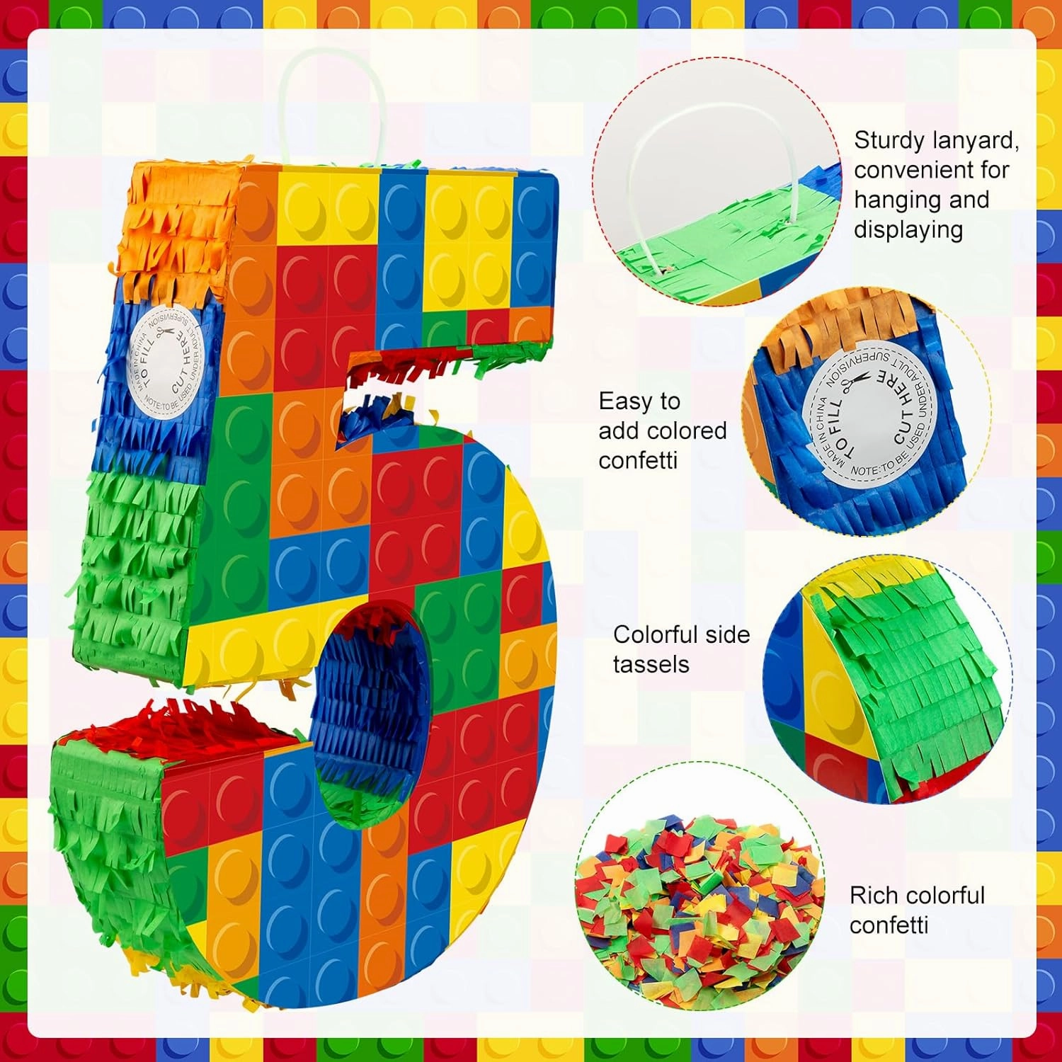 Number 5 Building Blocks Piñata 16.5 Inch Party Supplies 5th Birthday Party Decorations Piñata with Confetti Blocks Theme Fiesta Anniversary Celebration