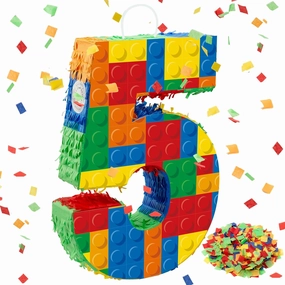 Number 5 Building Blocks Piñata 16.5 Inch Party Supplies 5th Birthday Party Decorations Piñata with Confetti Blocks Theme Fiesta Anniversary Celebration