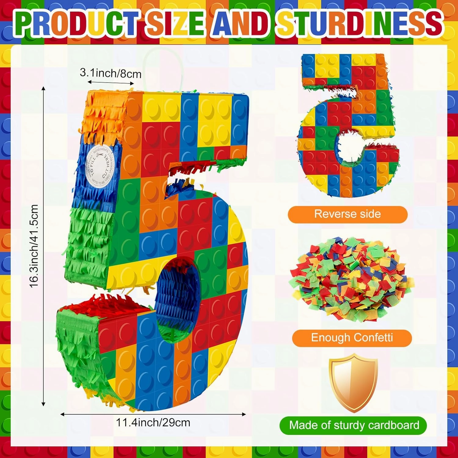 Number 5 Building Blocks Piñata 16.5 Inch Party Supplies 5th Birthday Party Decorations Piñata with Confetti Blocks Theme Fiesta Anniversary Celebration