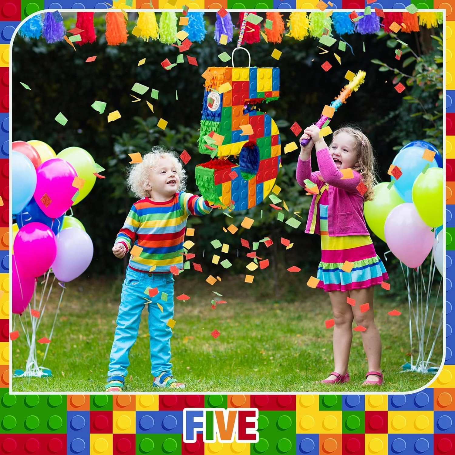 Number 5 Building Blocks Piñata 16.5 Inch Party Supplies 5th Birthday Party Decorations Piñata with Confetti Blocks Theme Fiesta Anniversary Celebration