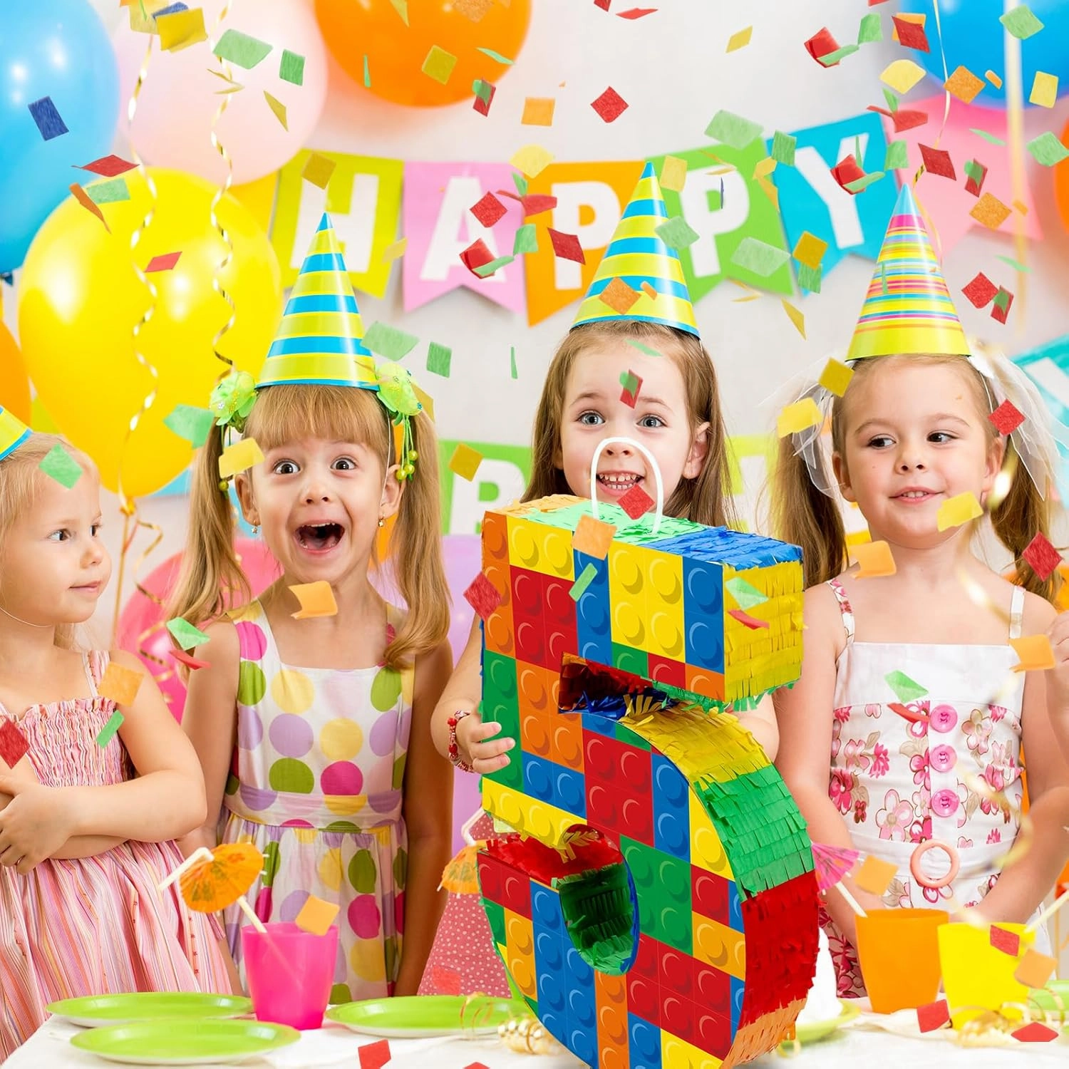 Number 5 Building Blocks Piñata 16.5 Inch Party Supplies 5th Birthday Party Decorations Piñata with Confetti Blocks Theme Fiesta Anniversary Celebration