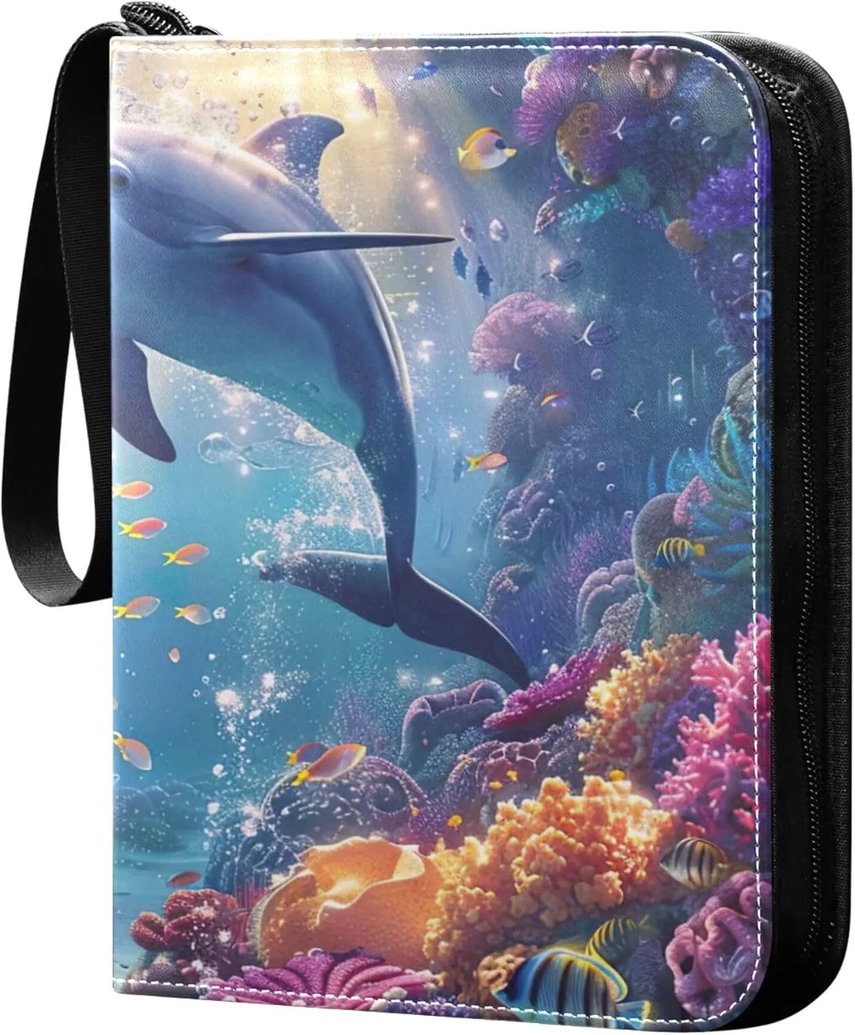 Ocean Dolphins Card Binder 4 Pocket Collectible Trading Card Albums with 50 Sleeves Double Side PU Waterproof 3 Ring for Sports & Game Cards