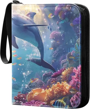 Ocean Dolphins Card Binder 4 Pocket Collectible Trading Card Albums with 50 Sleeves Double Side PU Waterproof 3 Ring for Sports & Game Cards