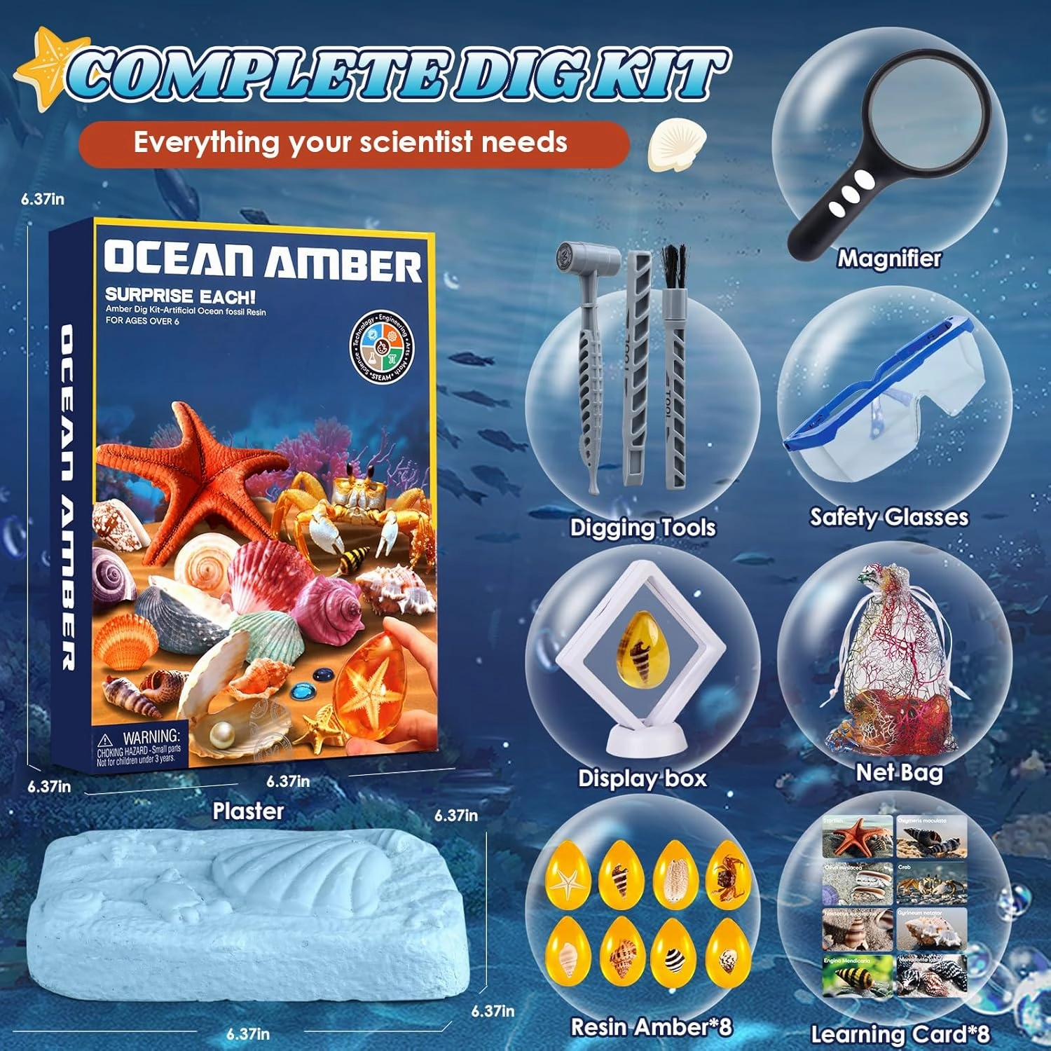 Ocean Dig Kit - 8 Specimens Excavation Kit, Gemstone for Kids, Fossil Ocean Toys Dig Kits for Amber Collection, Ocean Toys for Boys Girls and up Year Old Birthday Gifts