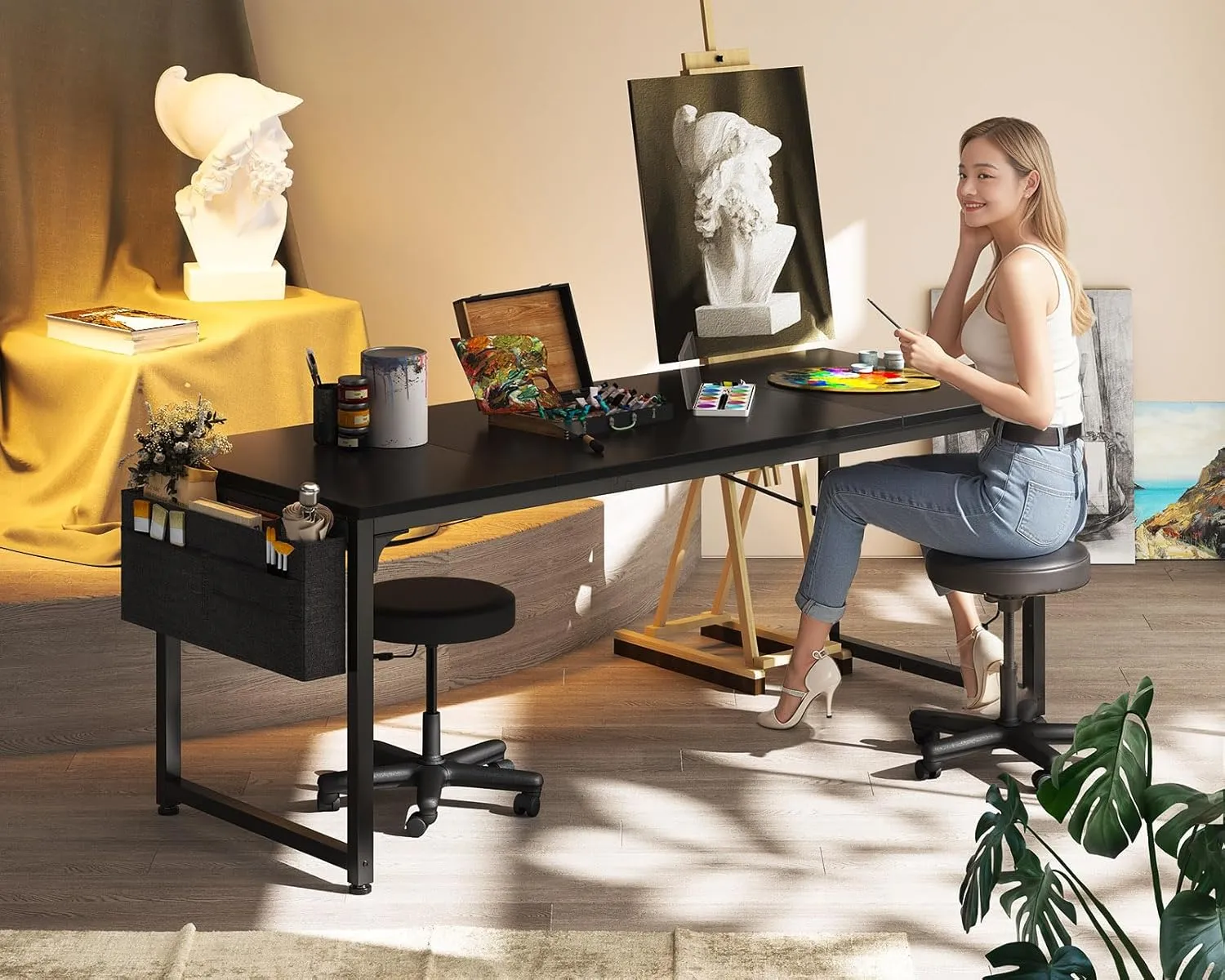 ODK Computer Desk Large Office Desk, 63 Inch Gaming Desk with Storage, Modern PC Work Table with Headphone Hook for Home Office, Splice Board, Black