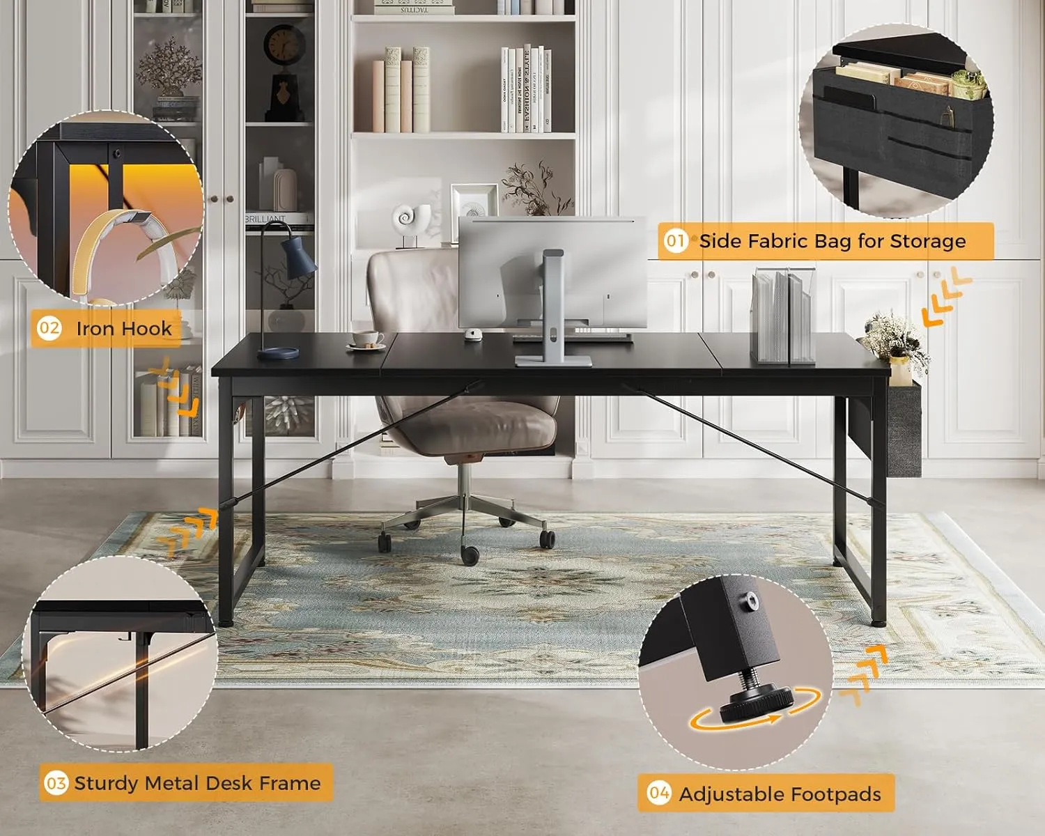 ODK Computer Desk Large Office Desk, 63 Inch Gaming Desk with Storage, Modern PC Work Table with Headphone Hook for Home Office, Splice Board, Black
