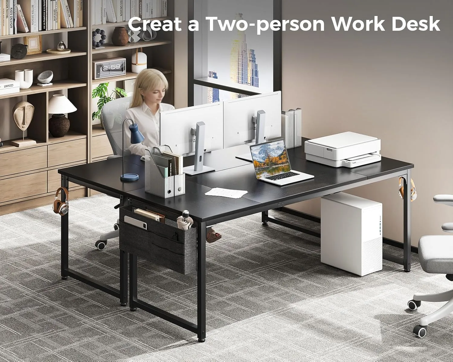 ODK Computer Desk Large Office Desk, 63 Inch Gaming Desk with Storage, Modern PC Work Table with Headphone Hook for Home Office, Splice Board, Black