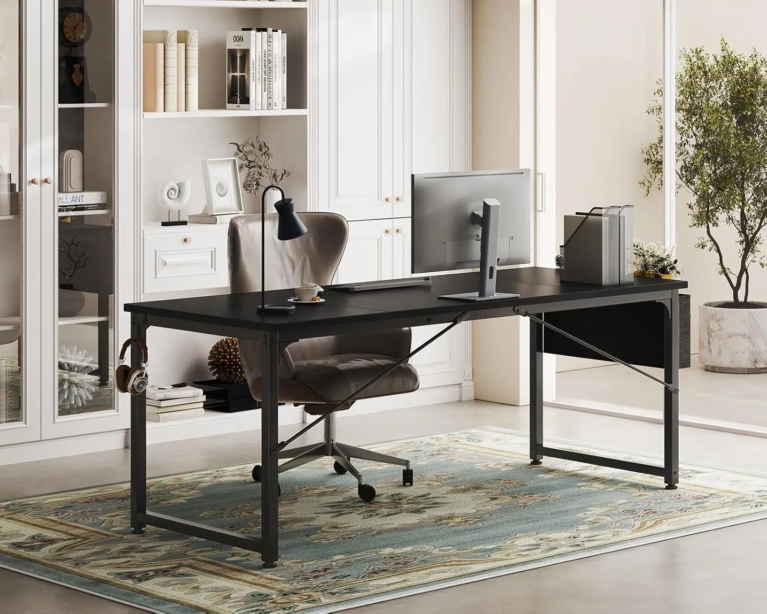 ODK Computer Desk Large Office Desk, 63 Inch Gaming Desk with Storage, Modern PC Work Table with Headphone Hook for Home Office, Splice Board, Black