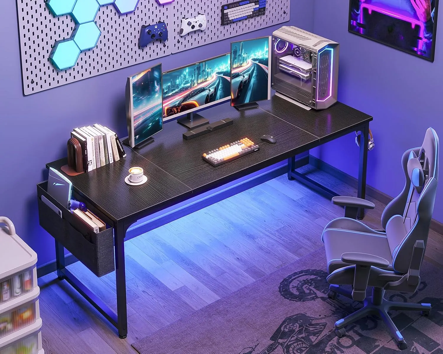 ODK Computer Desk Large Office Desk, 63 Inch Gaming Desk with Storage, Modern PC Work Table with Headphone Hook for Home Office, Splice Board, Black