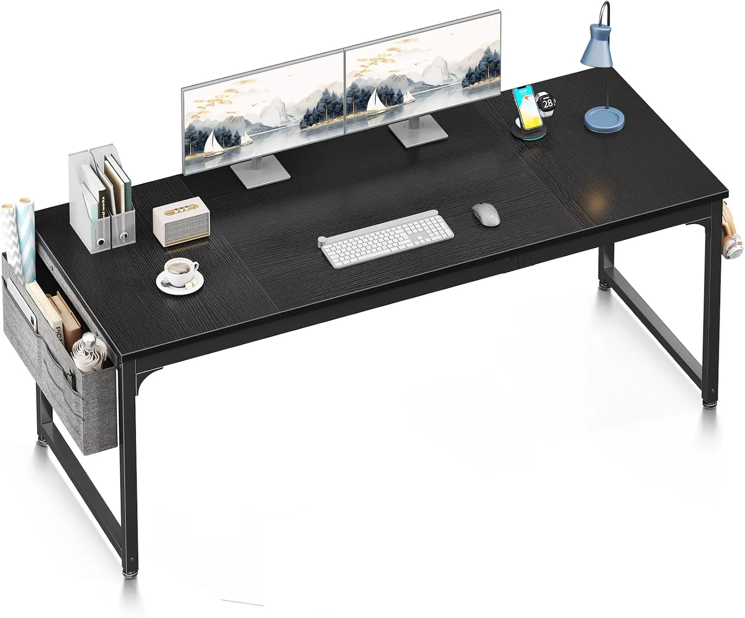ODK Computer Desk Large Office Desk, 63 Inch Gaming Desk with Storage, Modern PC Work Table with Headphone Hook for Home Office, Splice Board, Black