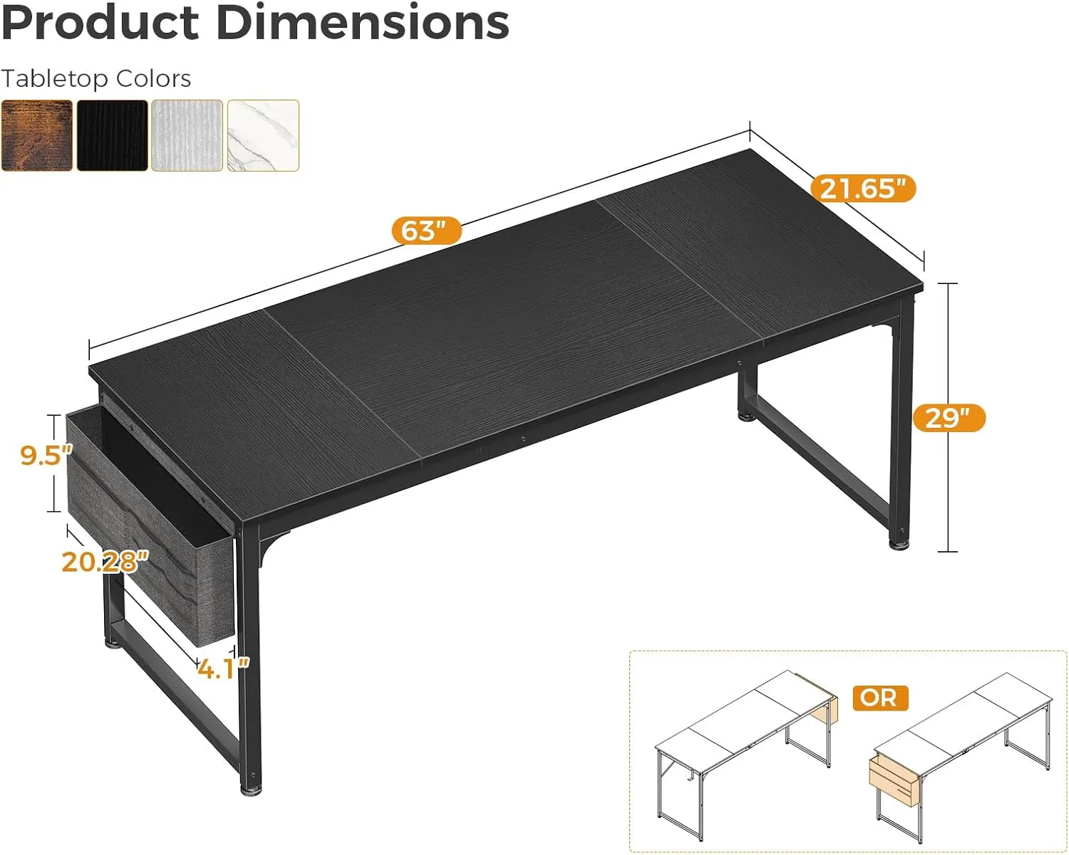 ODK Computer Desk Large Office Desk, 63 Inch Gaming Desk with Storage, Modern PC Work Table with Headphone Hook for Home Office, Splice Board, Black