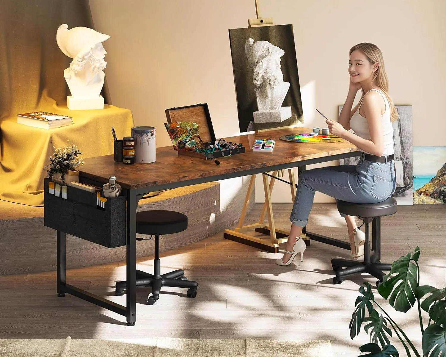 ODK Computer Desk Large Office Desk, 63 Inch Gaming Desk with Storage, Modern PC Work Table with Headphone Hook for Home Office, Splice Board, Rustic Brown