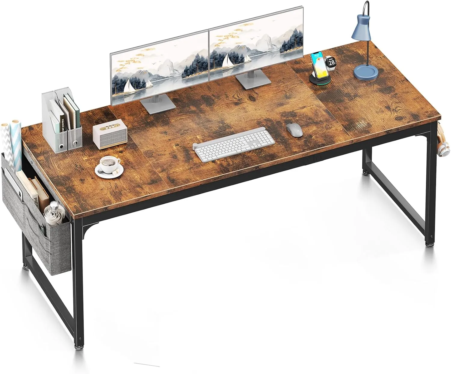 ODK Computer Desk Large Office Desk, 63 Inch Gaming Desk with Storage, Modern PC Work Table with Headphone Hook for Home Office, Splice Board, Rustic Brown