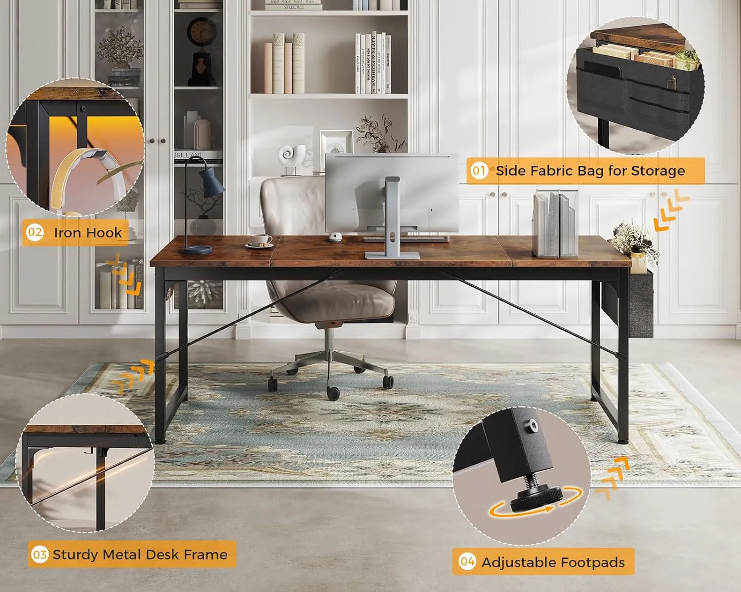 ODK Computer Desk Large Office Desk, 63 Inch Gaming Desk with Storage, Modern PC Work Table with Headphone Hook for Home Office, Splice Board, Rustic Brown