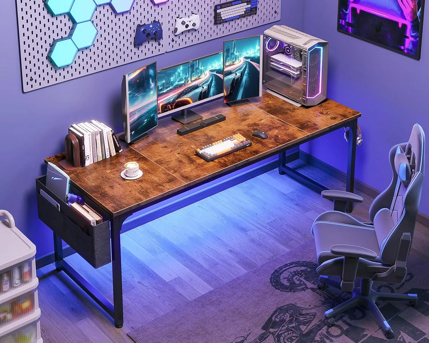 ODK Computer Desk Large Office Desk, 63 Inch Gaming Desk with Storage, Modern PC Work Table with Headphone Hook for Home Office, Splice Board, Rustic Brown
