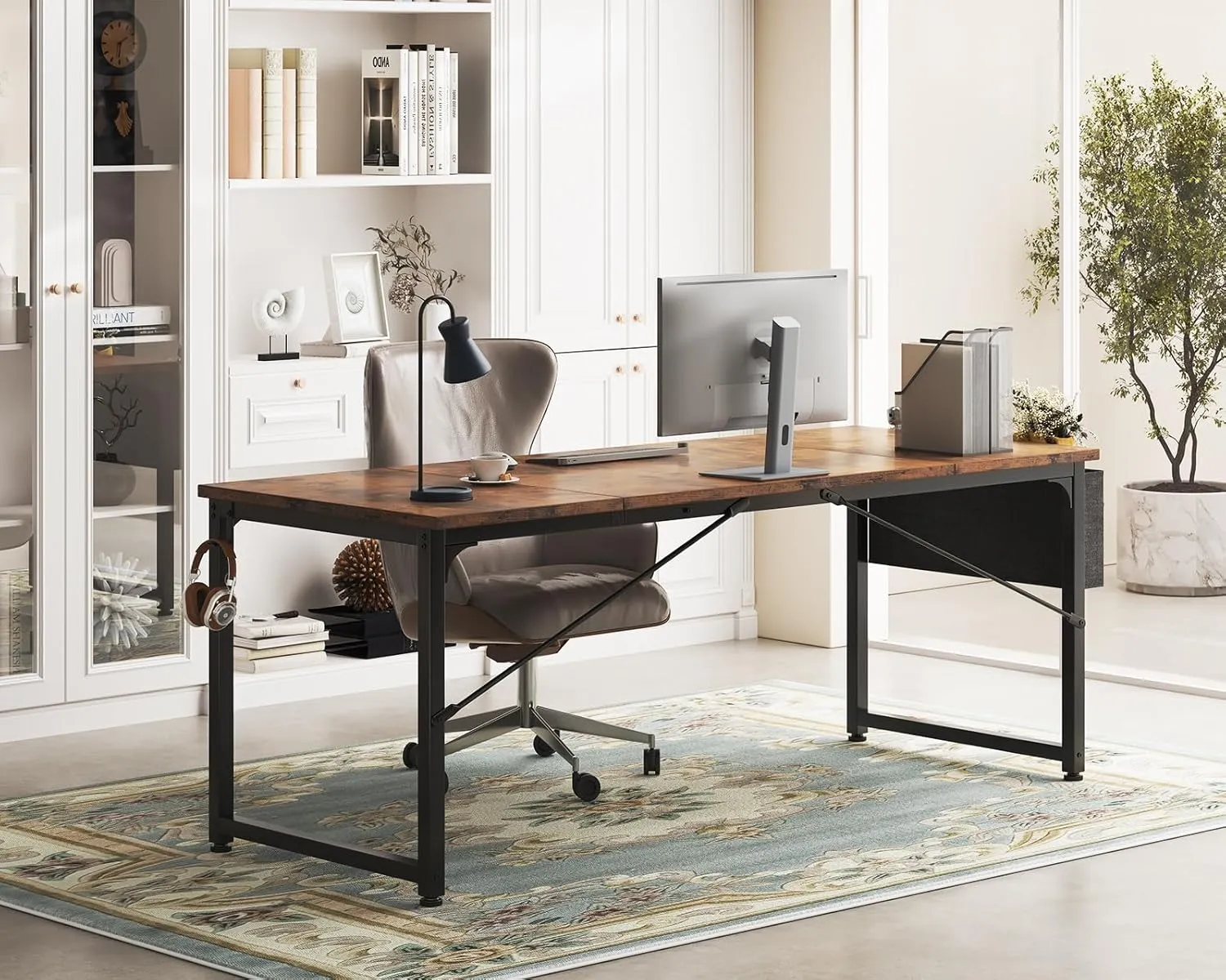 ODK Computer Desk Large Office Desk, 63 Inch Gaming Desk with Storage, Modern PC Work Table with Headphone Hook for Home Office, Splice Board, Rustic Brown