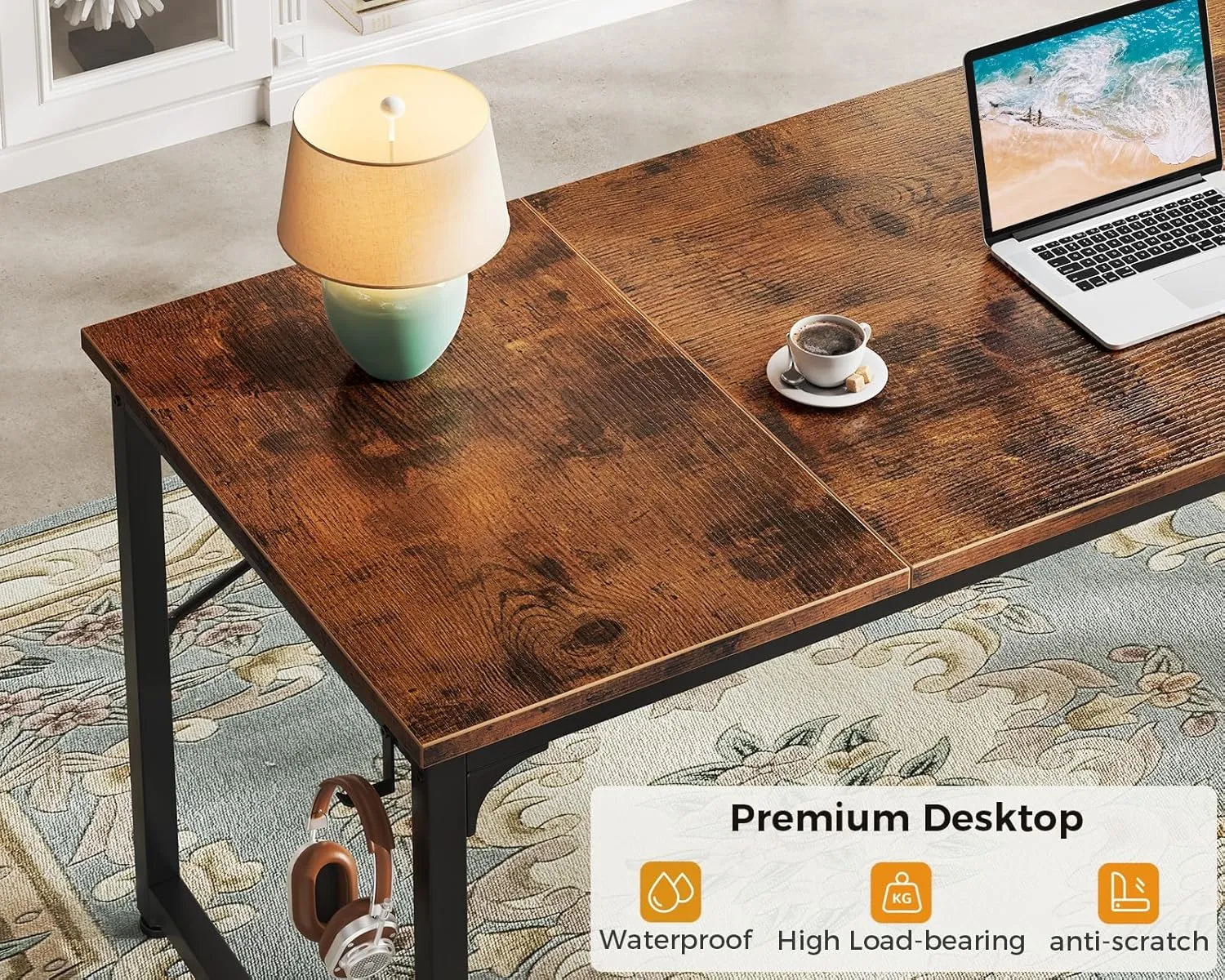 ODK Computer Desk Large Office Desk, 63 Inch Gaming Desk with Storage, Modern PC Work Table with Headphone Hook for Home Office, Splice Board, Rustic Brown