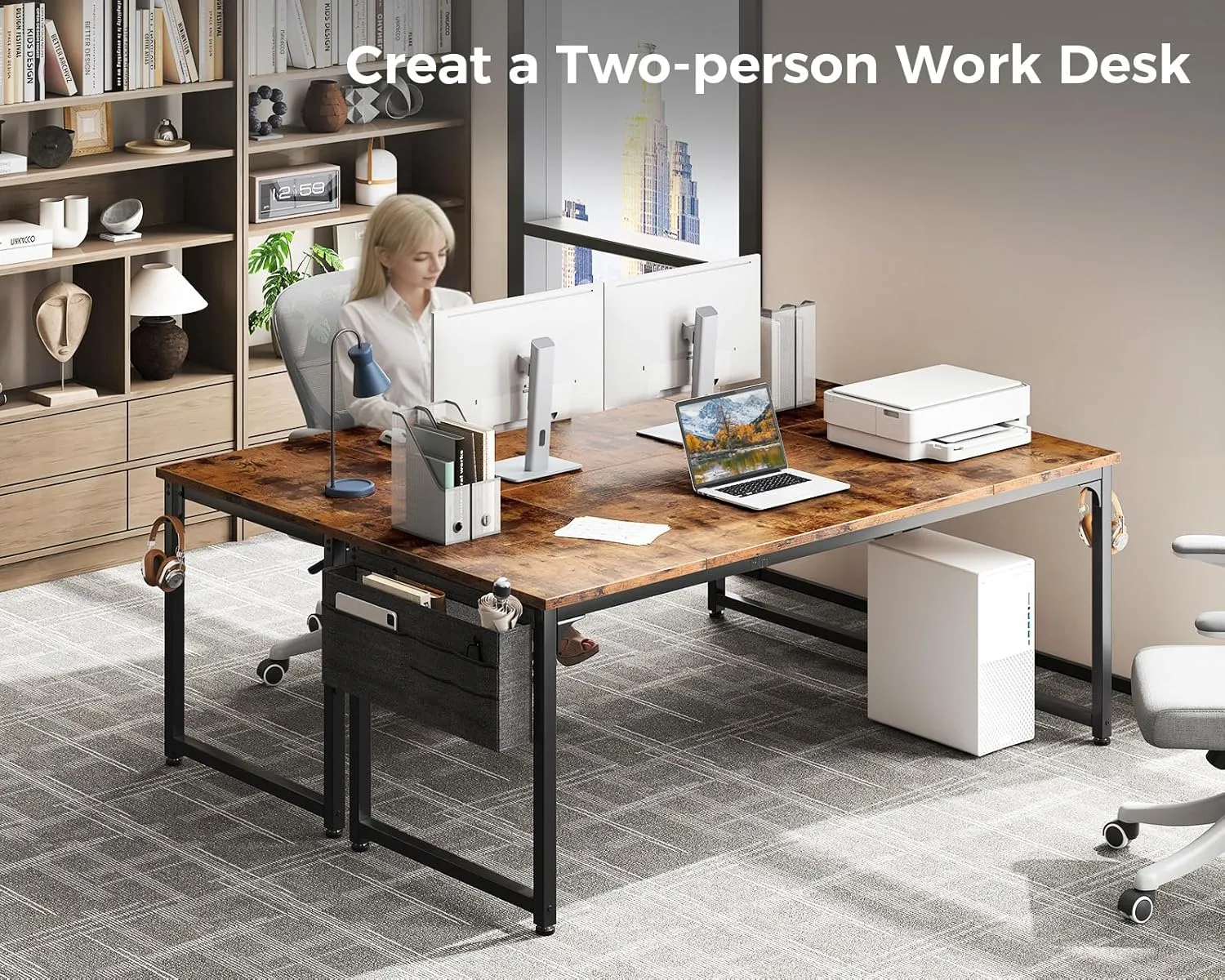 ODK Computer Desk Large Office Desk, 63 Inch Gaming Desk with Storage, Modern PC Work Table with Headphone Hook for Home Office, Splice Board, Rustic Brown