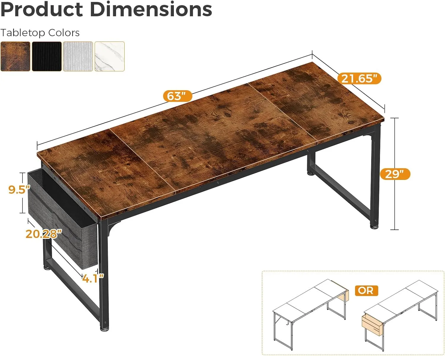 ODK Computer Desk Large Office Desk, 63 Inch Gaming Desk with Storage, Modern PC Work Table with Headphone Hook for Home Office, Splice Board, Rustic Brown