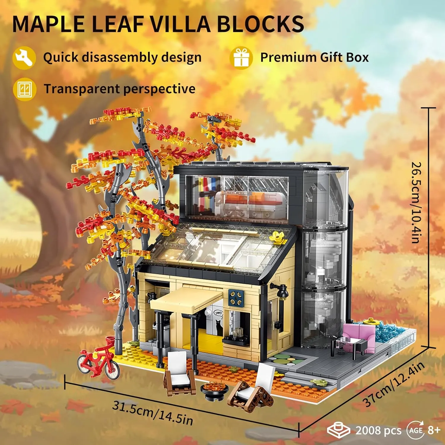 Oichy Villa Building Blocks Set, House Building Kit 3 Levels Villa Model Toy for Teens and Adults, Collectible Display Toy Set 2008PCS