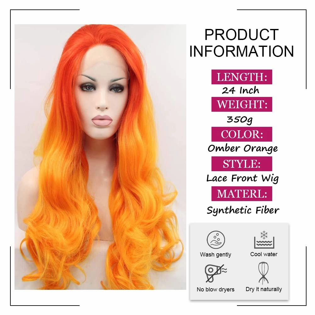 Orange Hair Wig for Women Long Body Wavy Omber Orange Red Synthetic Lace Front Wig Heat Resistant Fiber Glueless Wigs for Women Daily Wear 24’’
