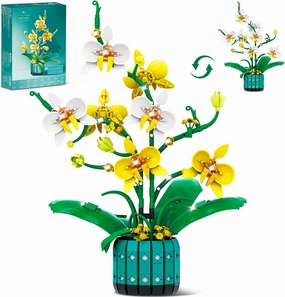 Orchid Flowers Building Set for Adults, 986PCS Yellow & White Plant Bonsai Kit with Vase, Artificial Bouquet Toy for Kids Women Her, Botanical Collection Home Decor Gift for Valentine's Day, Birthday