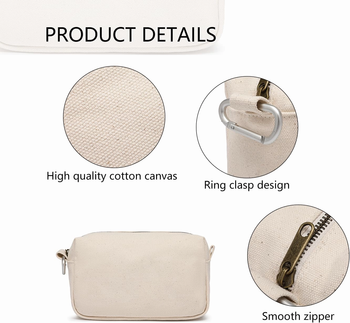 Organizer Bag -Lightweight Cosmetic Bag with Ring Clasp, Perfect Travel Makeup Bag for Women,nylon Stand Up Design (Black/Canvas)