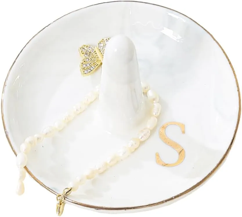 oskas Bridal Gift Marble Ring Dish Holder with Personalized Initials Monogrammed,Decorative Trinket Jewelry Tray,4 Inch,Ceramic (S)