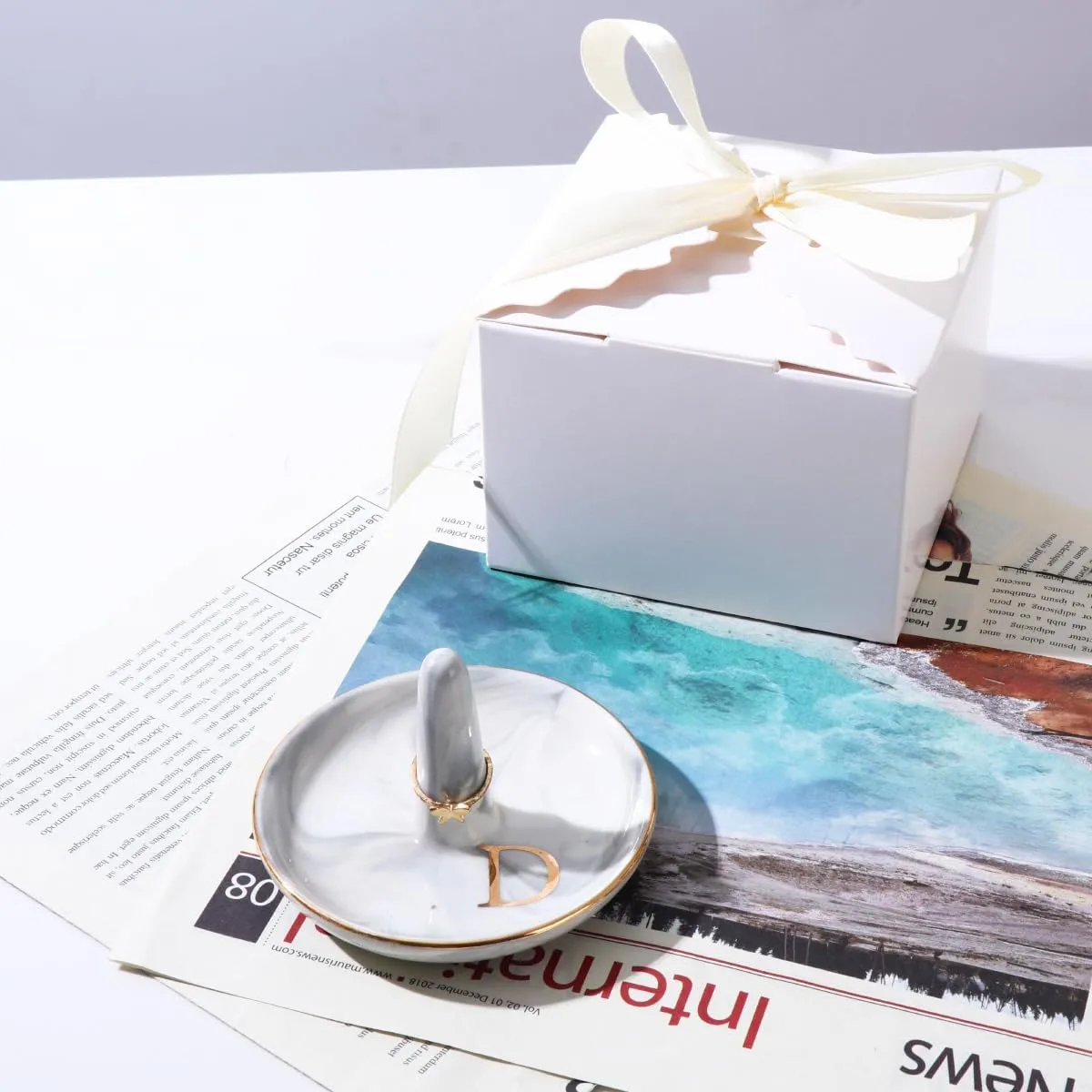 oskas Personalised Marble Letter Ring Dish Holder,Engagement Wedding Bridal Shower Gift，Decorative Trinket Jewelry Tray,4 Inch,Ceramic (C)
