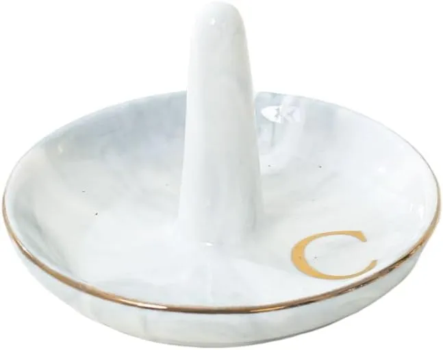 oskas Personalised Marble Letter Ring Dish Holder,Engagement Wedding Bridal Shower Gift，Decorative Trinket Jewelry Tray,4 Inch,Ceramic (C)