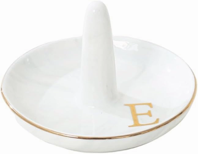 oskas Personalised Marble Letter Ring Dish Holder,Engagement Wedding Bridal Shower Gift，Decorative Trinket Jewelry Tray,4 Inch,Ceramic (E)